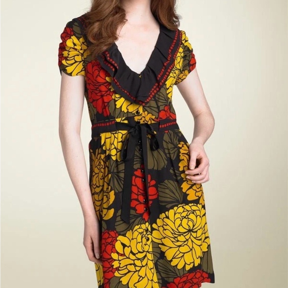 Leifsdottir Marigold Blooms Ruffle Collar Silk Dress